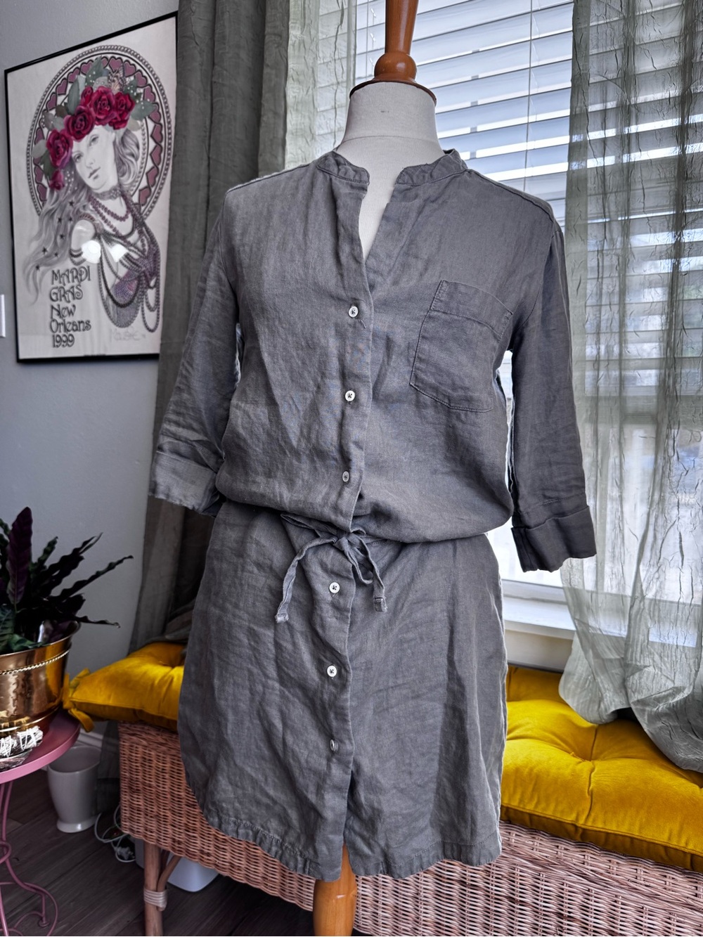James Perse Gray Linen Midi Shirt Dress